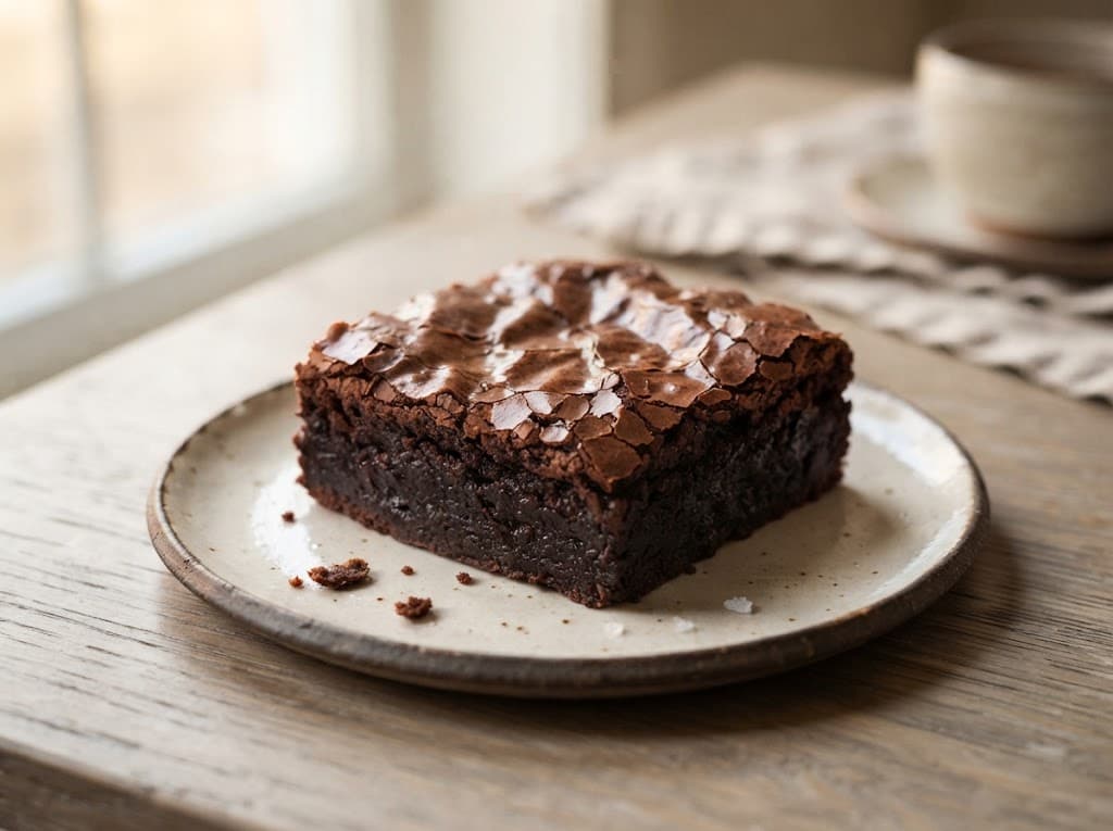 One homemade chocolate brownie on a ceramic plate