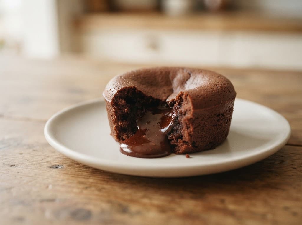 One homemade chocolate lava cake with a soft baked exterior and warm molten chocolate center