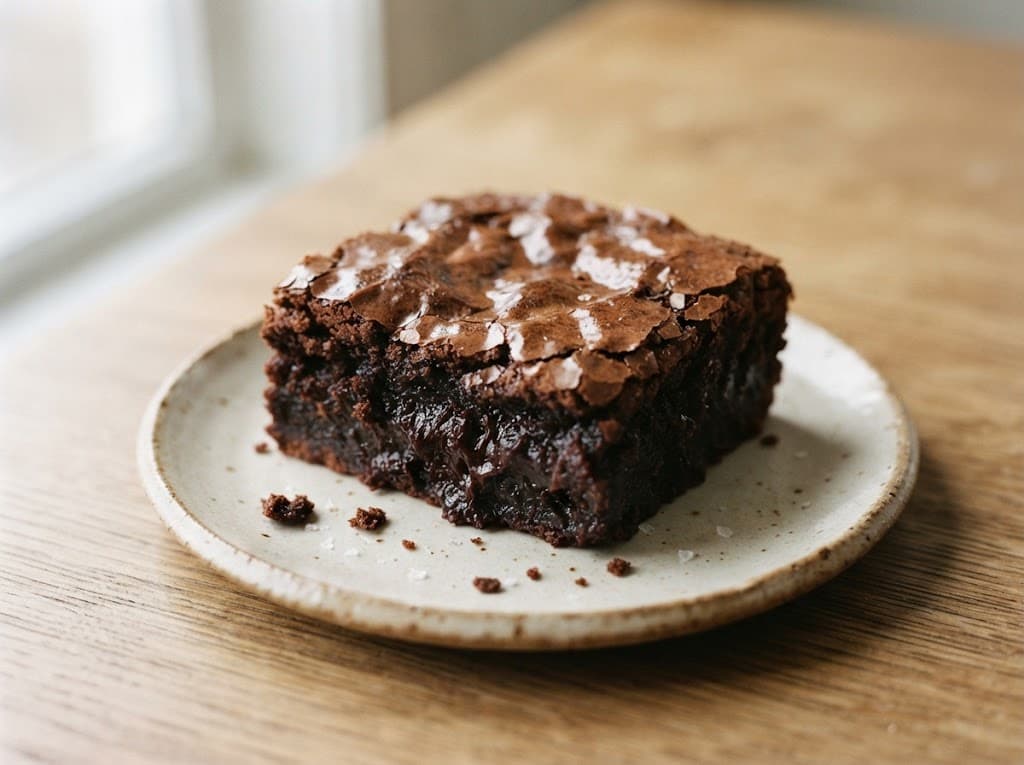 One thick fudgy chocolate brownie on a ceramic plate