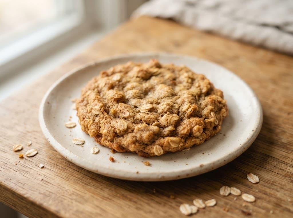 One homemade oatmeal cookie on a ceramic plate