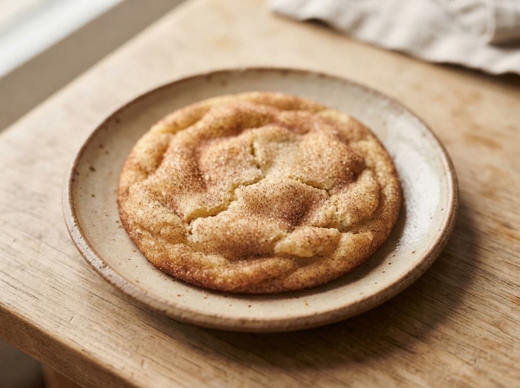 One large snickerdoodle cookie coated in cinnamon sugar on a ceramic plate