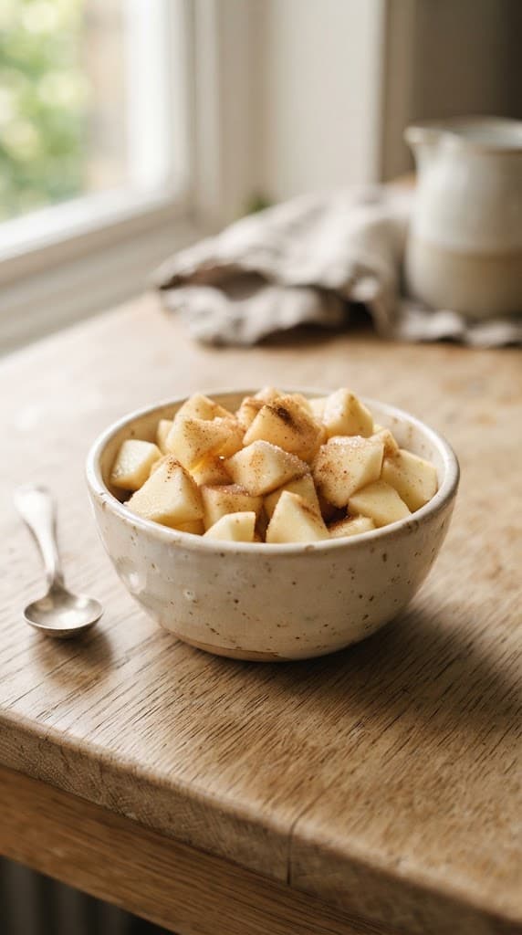 Peeled diced apple pieces mixed with granulated sugar, fresh lemon juice, cinnamon, and salt for one apple crumble