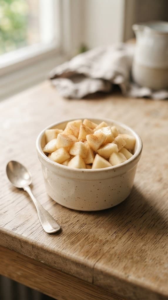 Raw cinnamon-coated diced apple filling spread evenly in a small cream ceramic ramekin