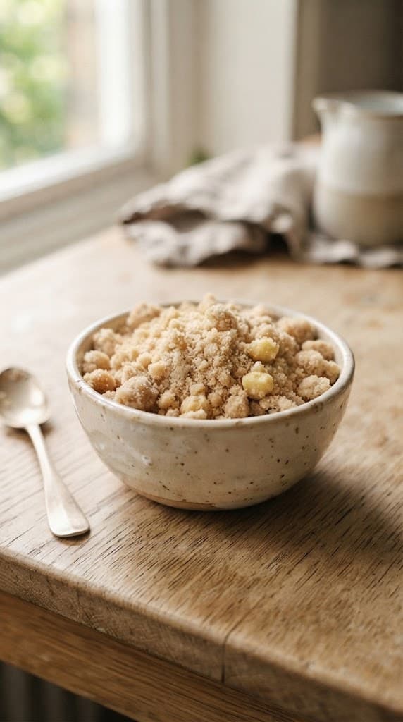 Raw flour-based crumble topping made with all-purpose flour, light brown sugar, and cold butter in a small ceramic bowl