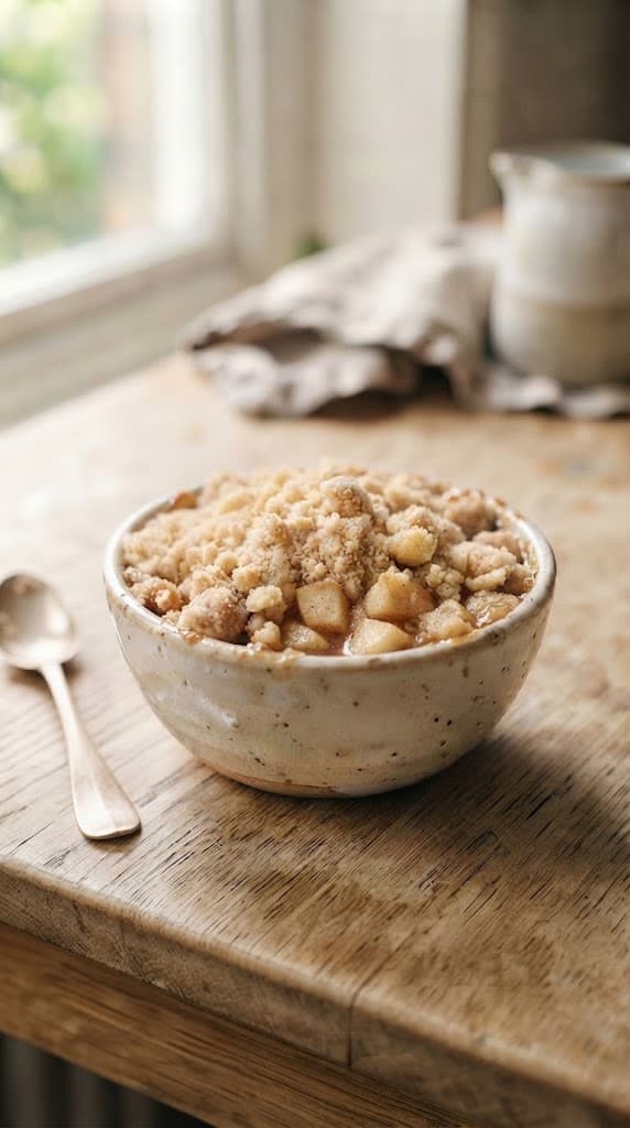 Freshly baked apple crumble for one with tender diced apples, bubbling juices, and a golden buttery flour-based topping