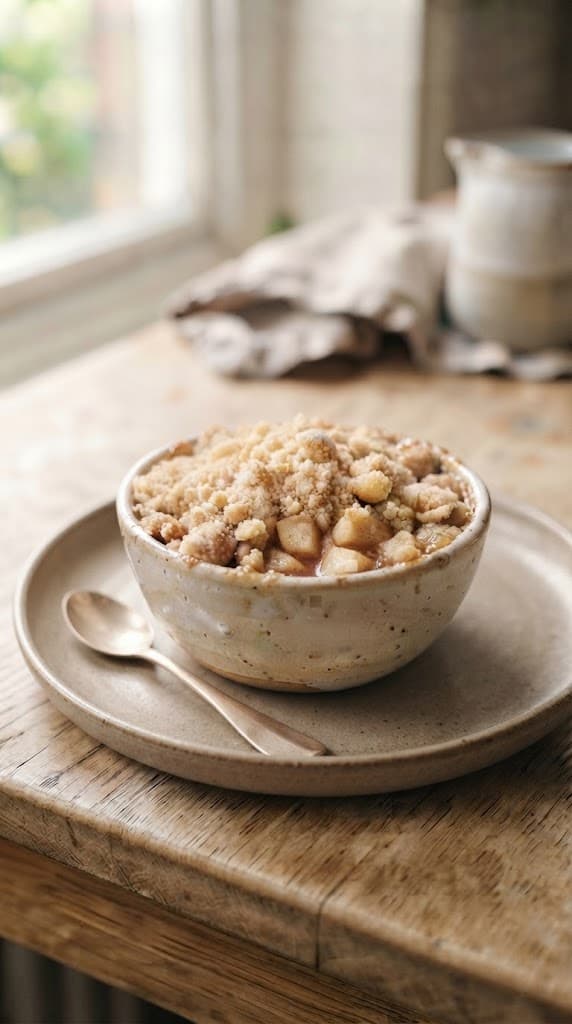 Finished apple crumble for one in a cream ceramic ramekin served on a neutral ceramic plate with tender cinnamon apples and golden buttery crumble