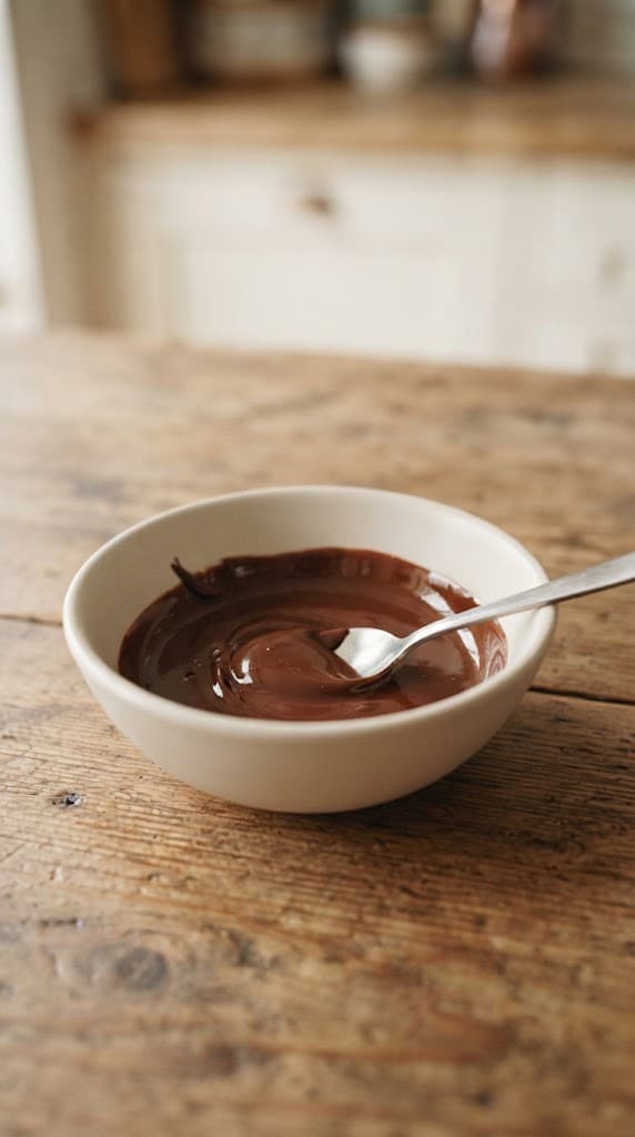 Melted dark chocolate and butter mixed until smooth and glossy in a small ceramic bowl