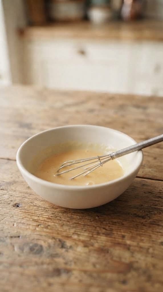 Egg, sugar, and vanilla whisked together in a small bowl for one chocolate lava cake
