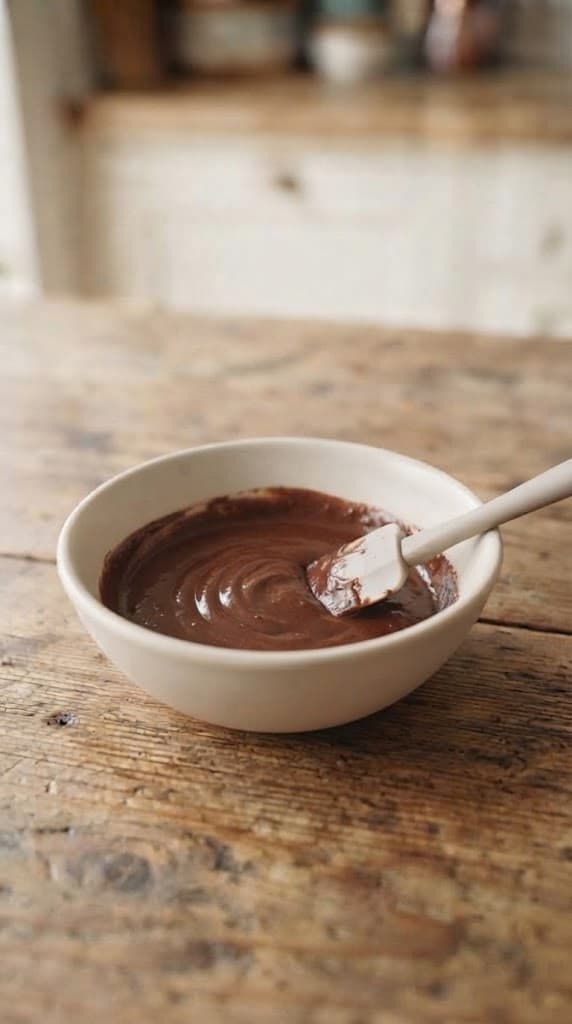 Smooth glossy chocolate lava cake batter mixed in a small ceramic bowl