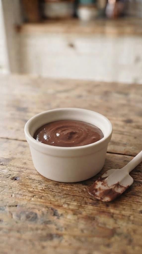 Raw chocolate lava cake batter poured into one small greased ceramic ramekin before baking