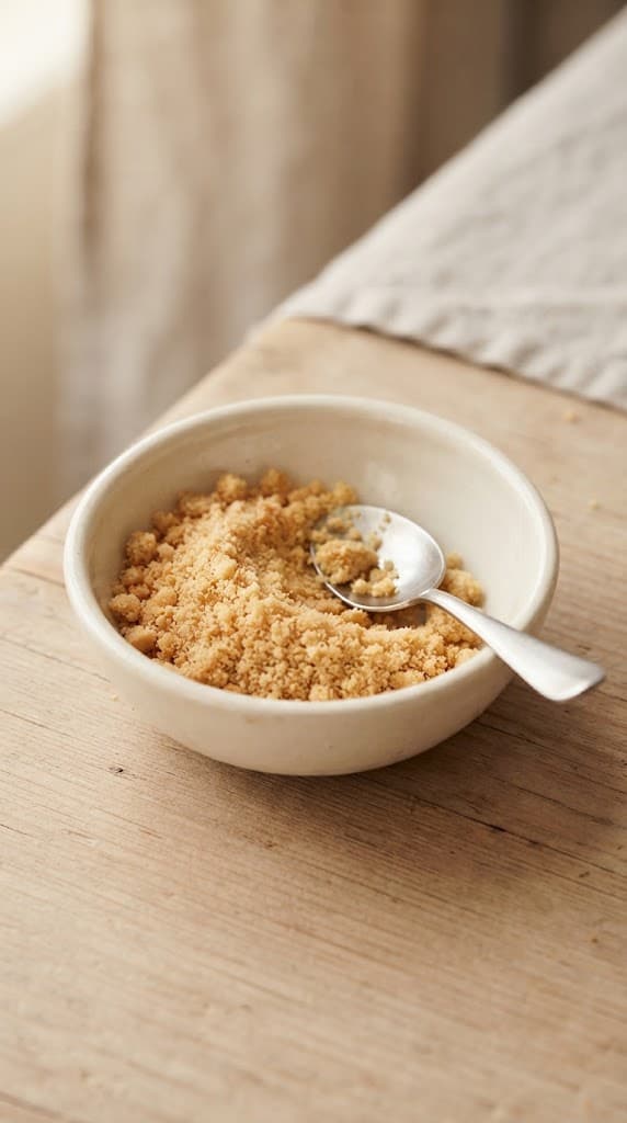 Finely crushed digestive biscuit crumbs mixed with melted butter in a small cream ceramic bowl for one baked cheesecake
