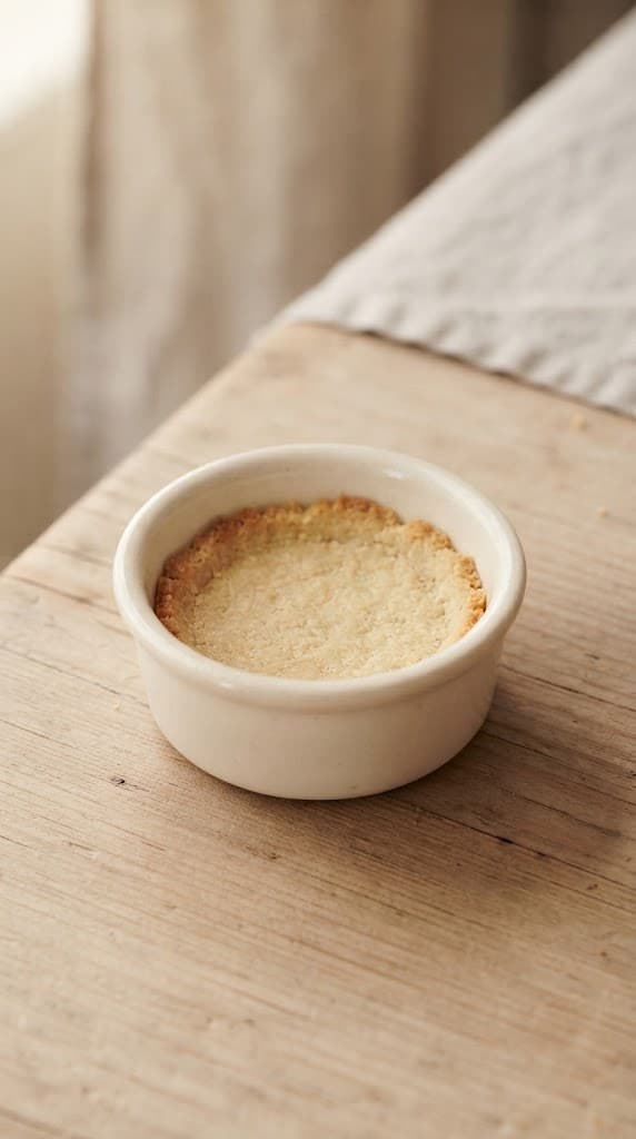 Thin buttery biscuit crust pressed into a small oven-safe ramekin and lightly pre-baked