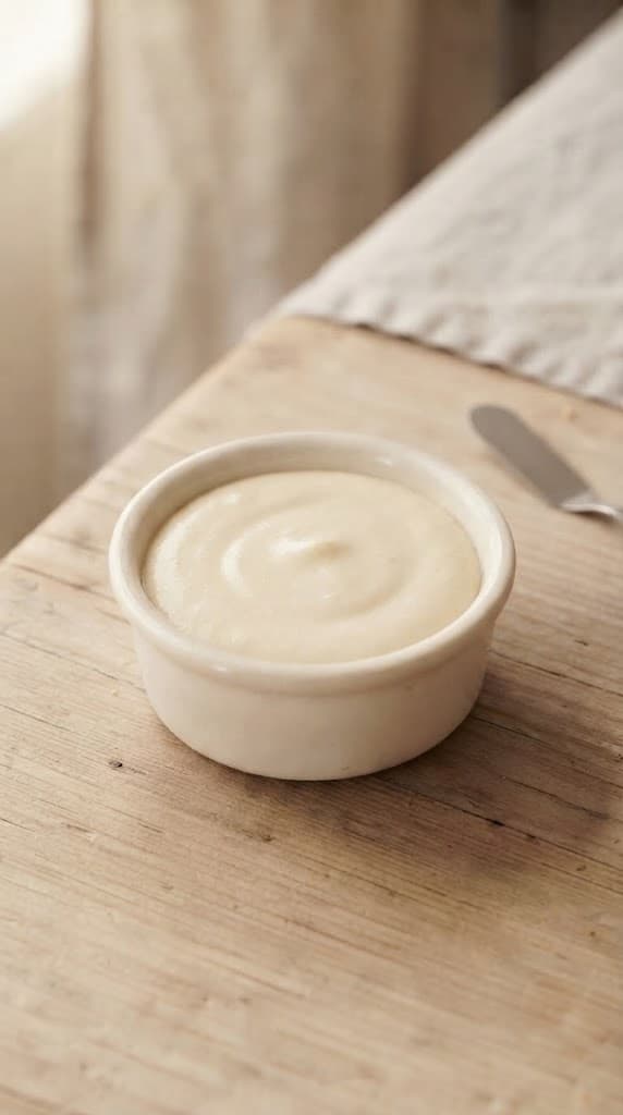 Raw creamy cheesecake filling poured over a thin pre-baked biscuit crust in a small ramekin