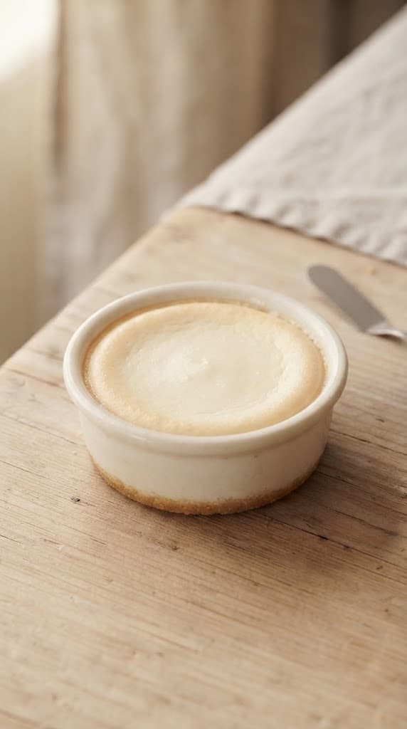 Freshly baked single-serve cheesecake with set lightly golden edges and a pale creamy center in a small ramekin