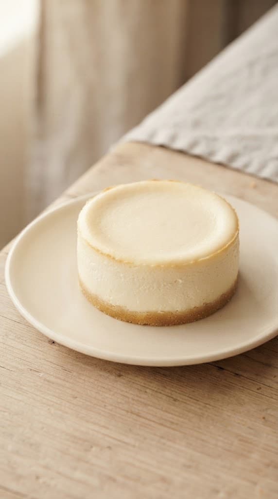 Whole chilled single-serve baked cheesecake with smooth creamy filling and a thin golden biscuit crust