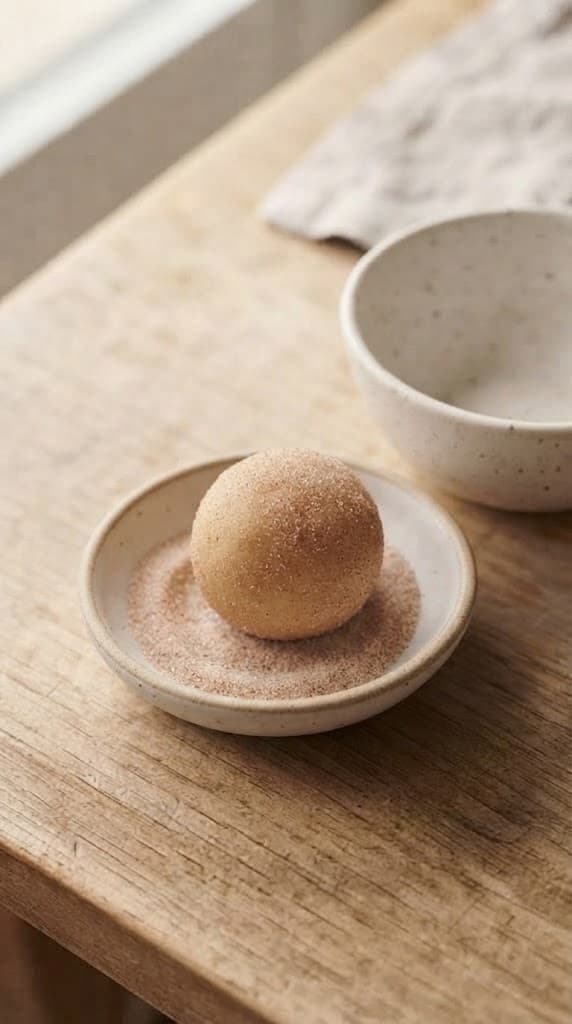 One raw snickerdoodle cookie dough ball evenly coated in cinnamon sugar