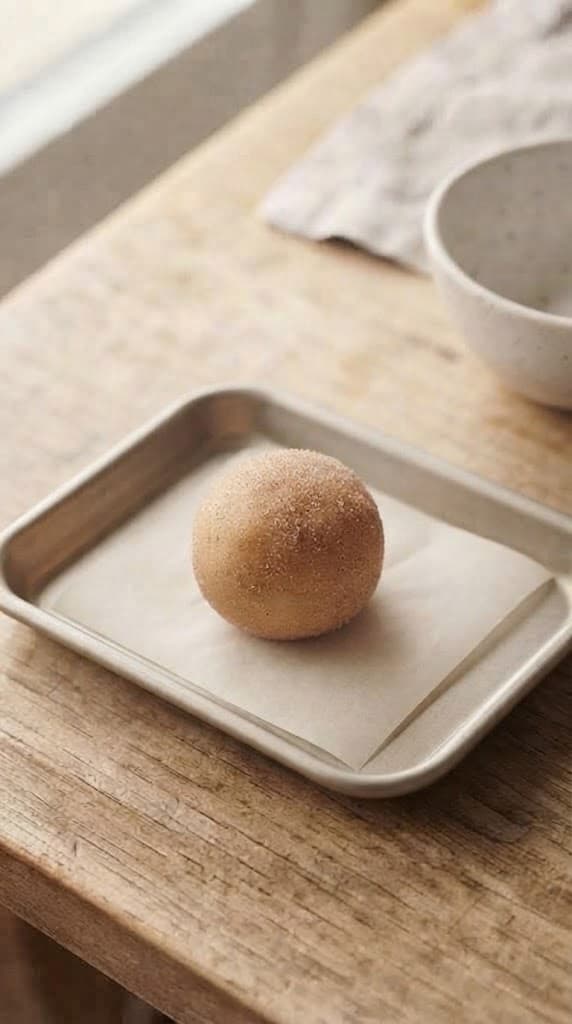 One chilled cinnamon-sugar-coated snickerdoodle dough ball on parchment paper ready to bake