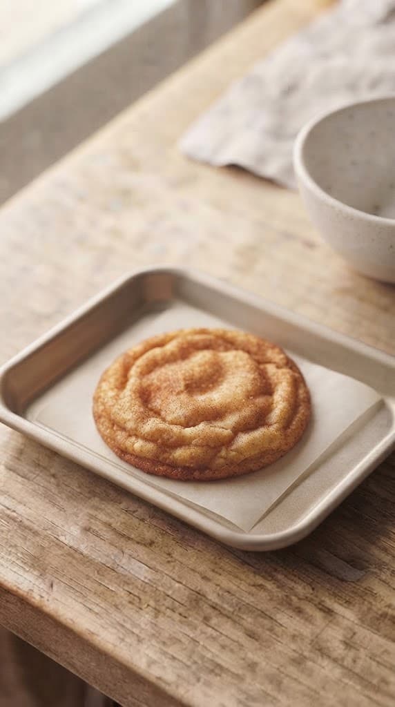 Freshly baked snickerdoodle cookie with lightly golden edges and a cinnamon-sugar coating resting on the baking tray