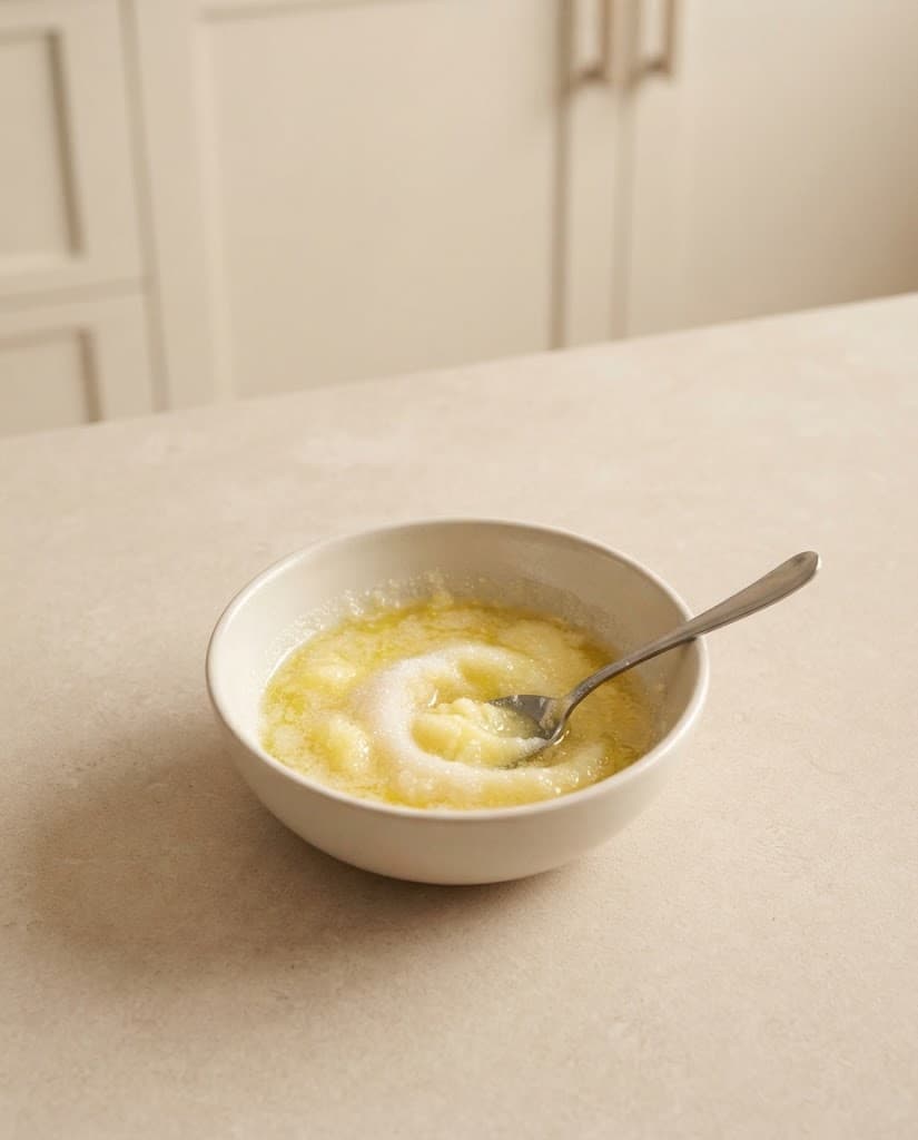 Melted butter and granulated sugar mixed together in a small cream ceramic bowl