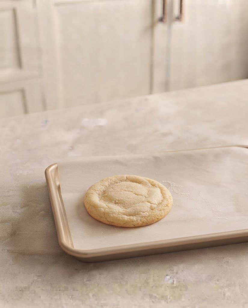 Freshly baked sugar cookie with lightly golden edges and a pale soft center on a parchment-lined baking tray
