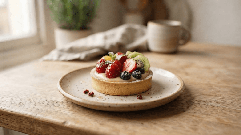 Small fruit tart served on a ceramic plate
