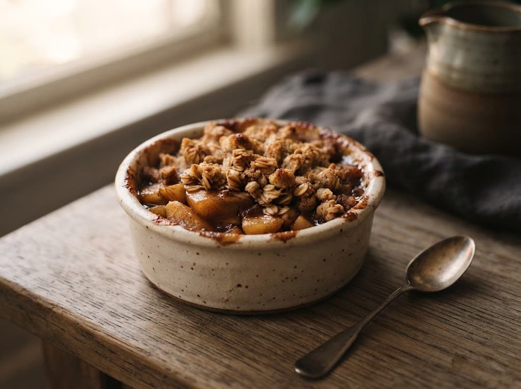 One serving of apple crisp in a small ceramic ramekin