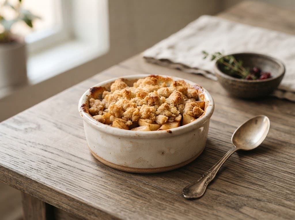 One serving of apple crumble in a small ceramic ramekin