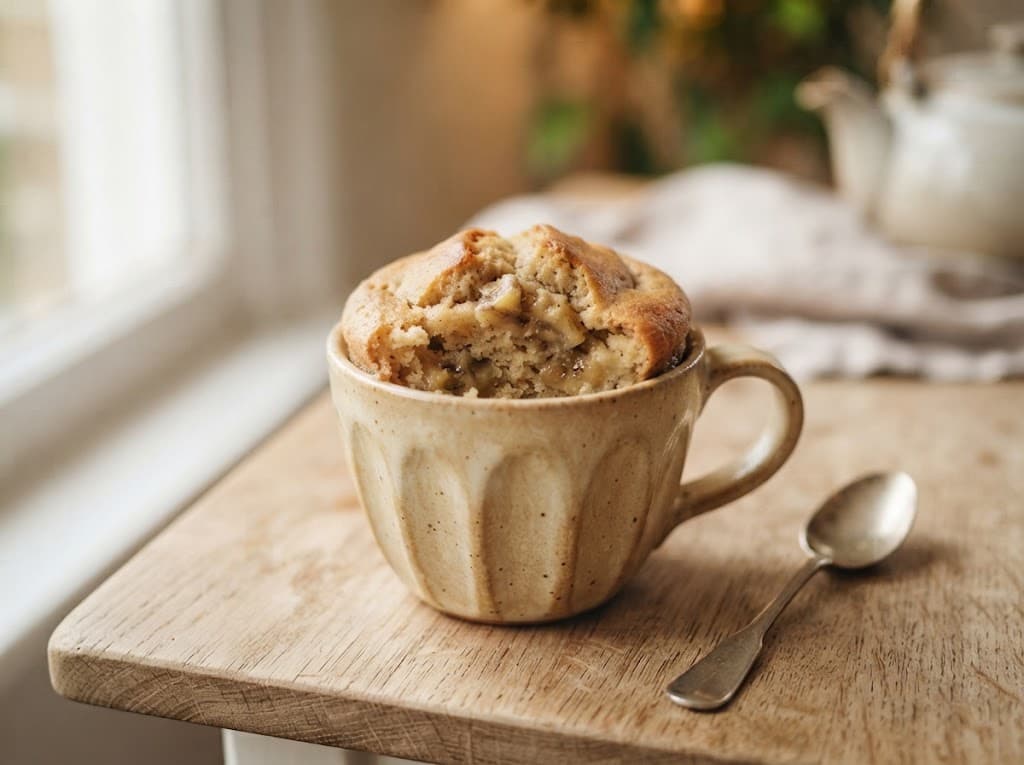 One homemade banana mug cake in a ceramic mug