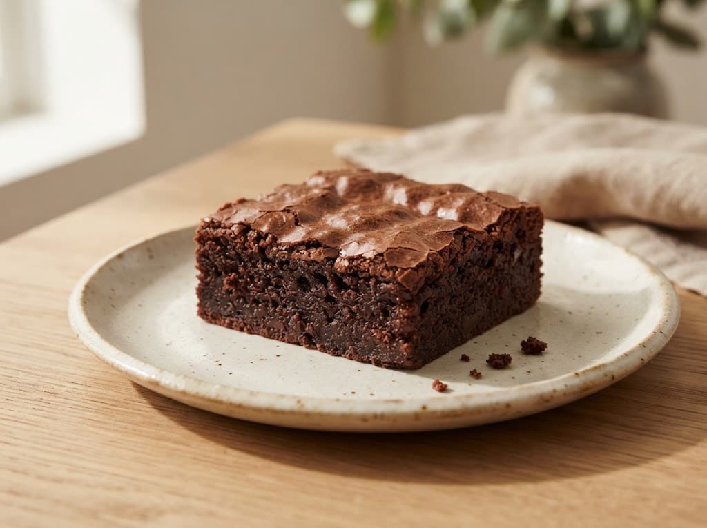 One homemade egg-free chocolate brownie on a ceramic plate