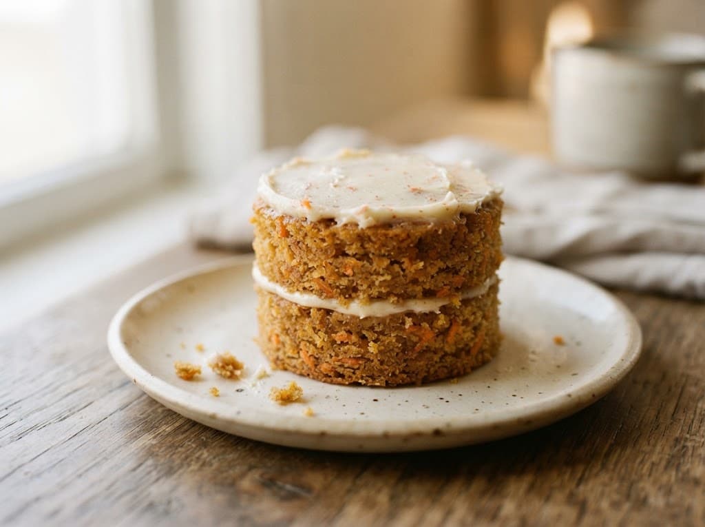 One small layered carrot cake on a ceramic plate