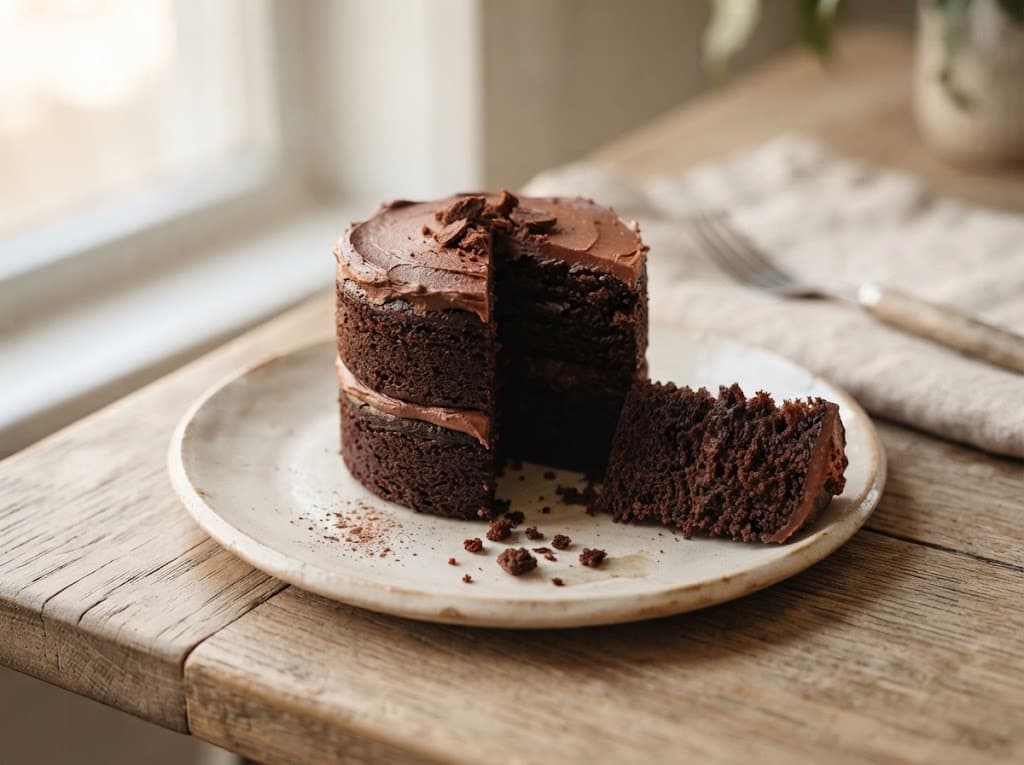 One small layered chocolate cake on a ceramic plate
