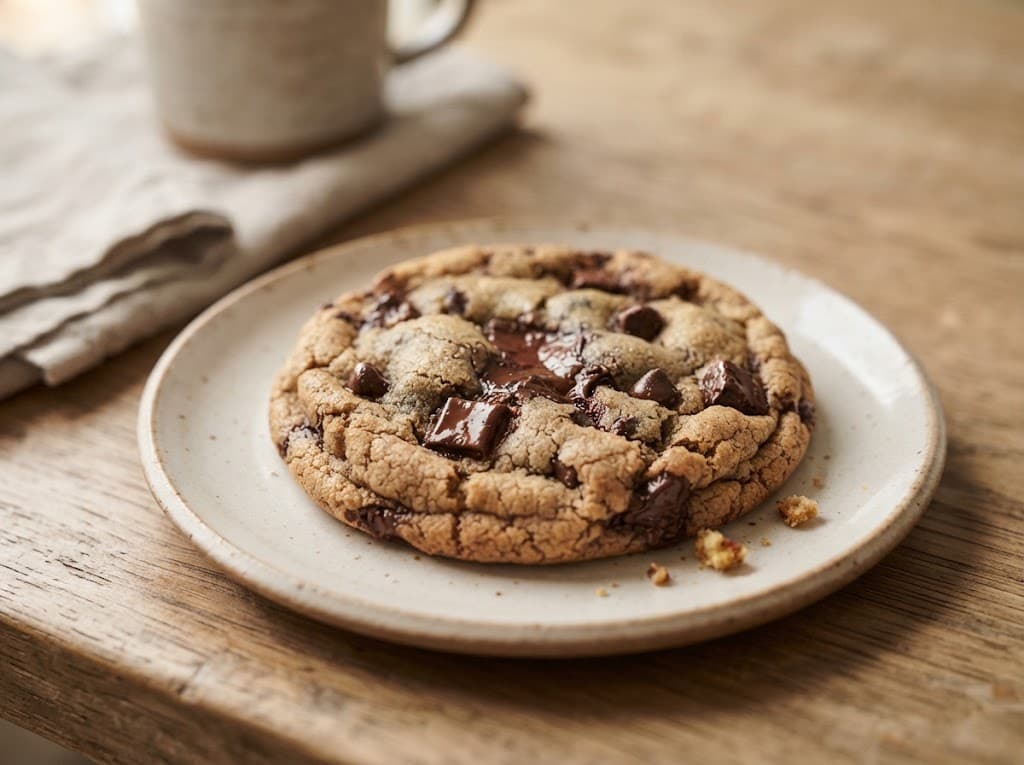 One large homemade chocolate chip cookie on a ceramic plate