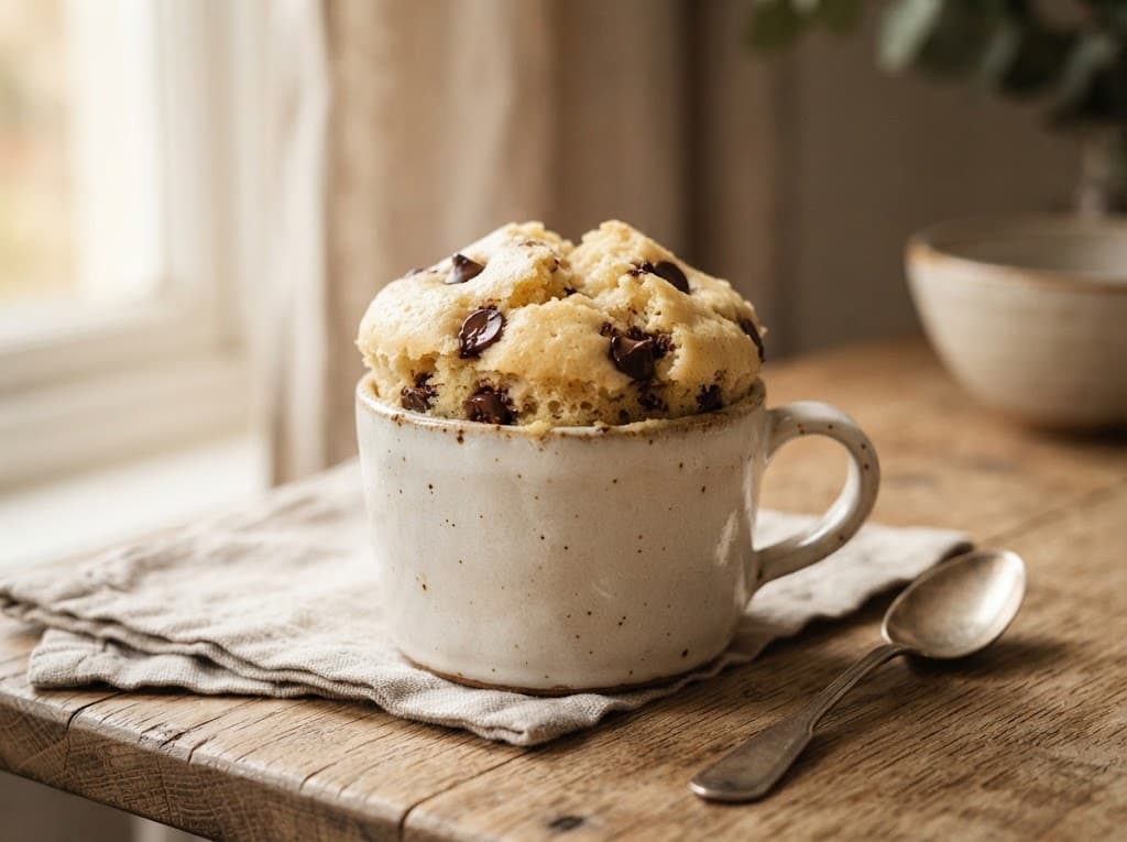 One homemade chocolate chip mug cake in a ceramic mug