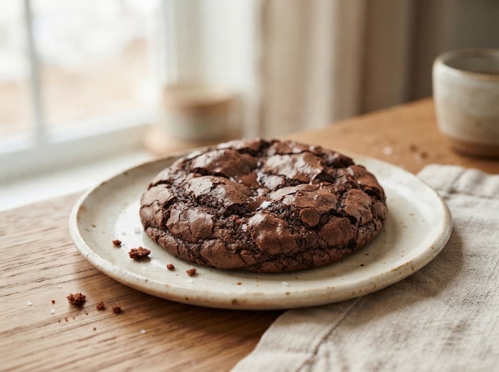 One homemade chocolate cookie on a ceramic plate
