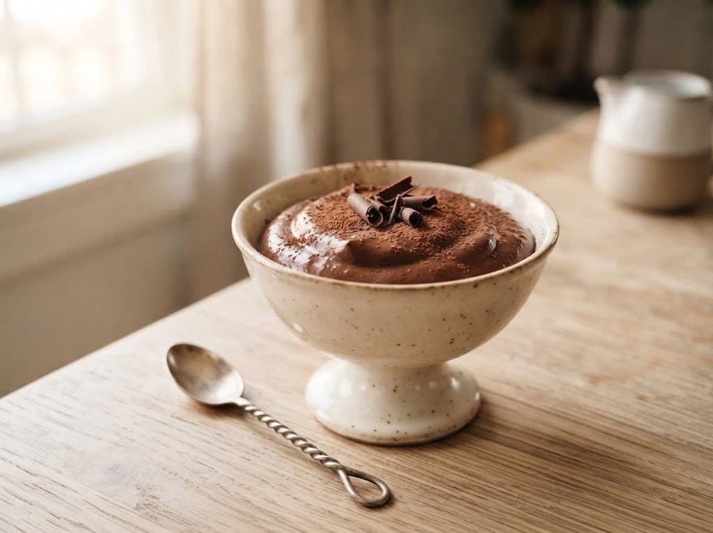 One serving of homemade chocolate mousse in a ceramic dessert cup