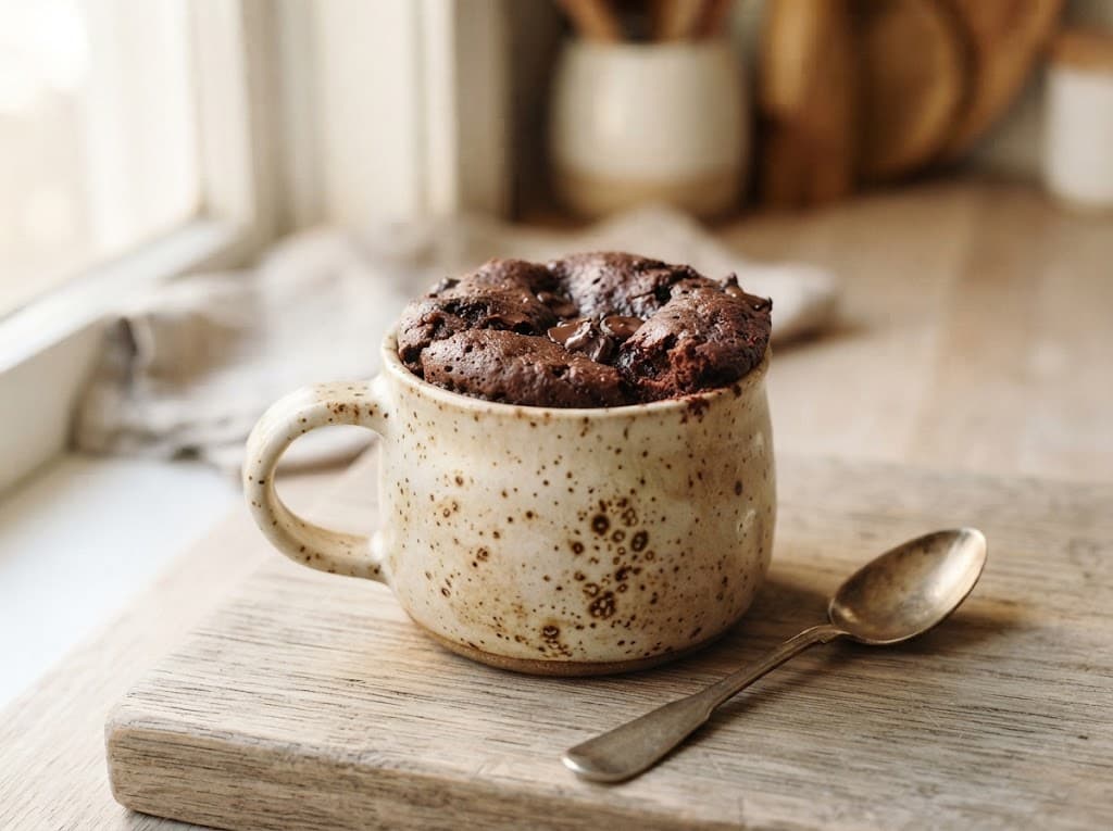 One homemade chocolate mug cake in a ceramic mug