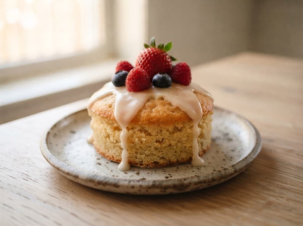 One small eggless vanilla cake with vanilla glaze and fresh berries