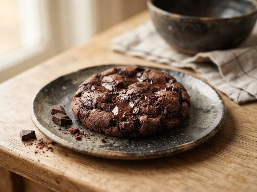 One homemade double chocolate cookie on a ceramic plate