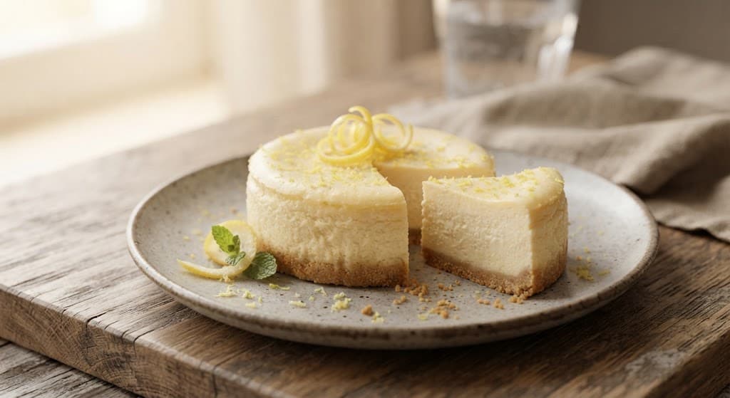 One small lemon cheesecake with a biscuit crust on a ceramic plate