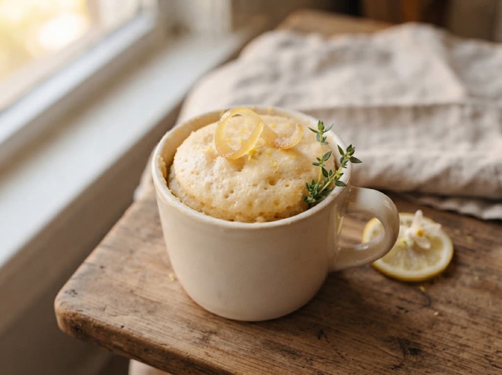 One homemade lemon mug cake in a small ceramic mug with a soft golden crumb