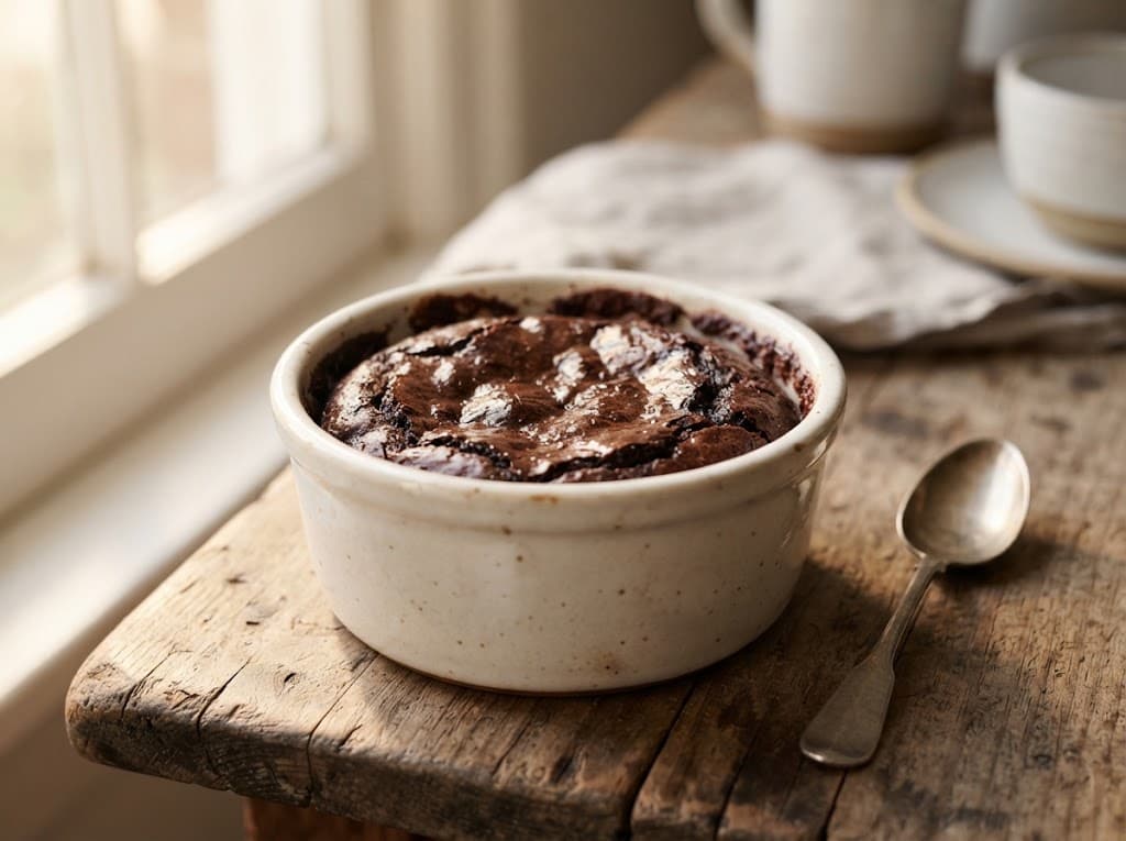 One microwave brownie in a ceramic mug or ramekin