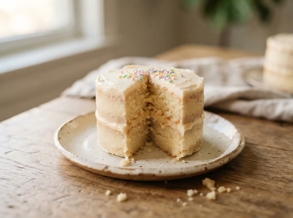 One small layered birthday cake with vanilla frosting and pastel sprinkles on a ceramic plate