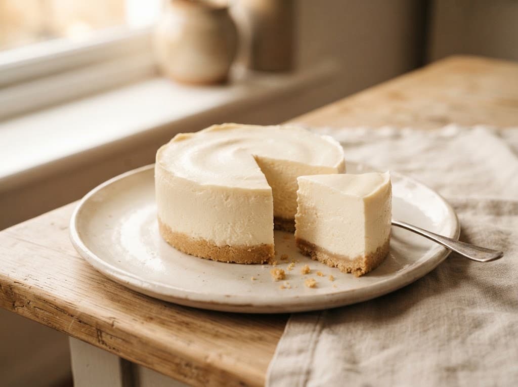 One small no-bake cheesecake with a biscuit crust on a ceramic plate