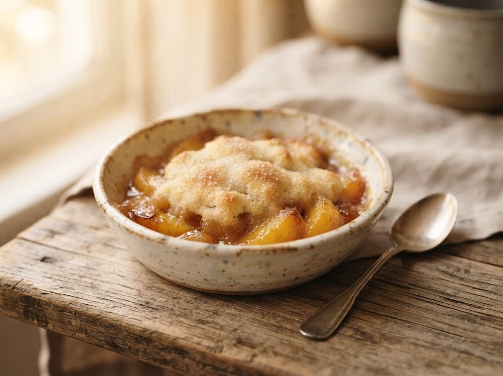 One serving of homemade peach cobbler in a small ceramic ramekin
