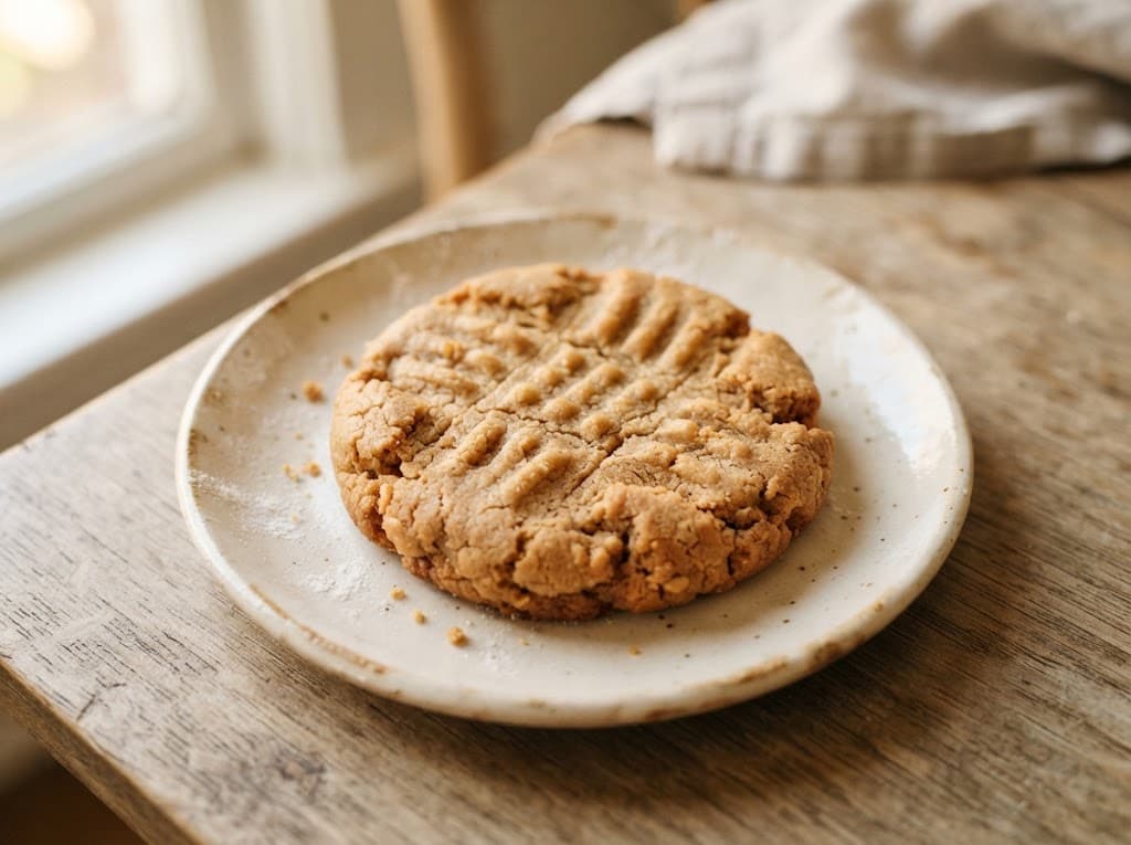 One homemade peanut butter cookie on a ceramic plate
