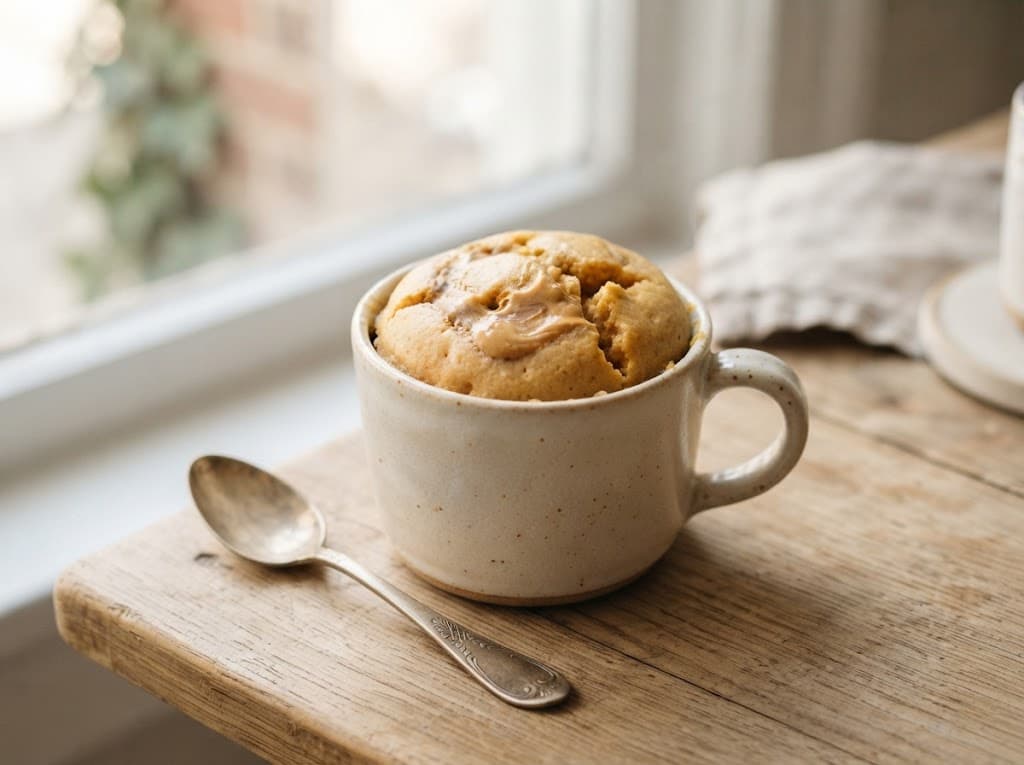 One homemade peanut butter mug cake in a ceramic mug