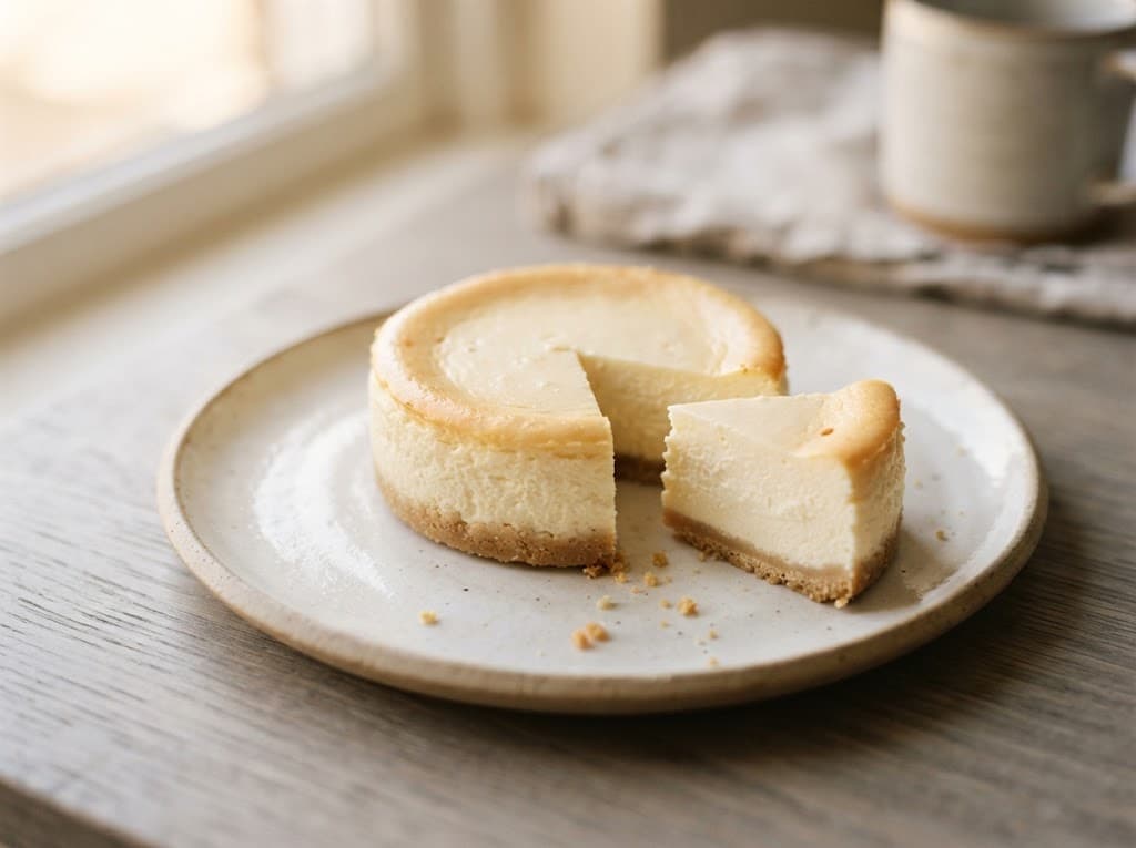 One small baked cheesecake with a biscuit crust on a ceramic plate