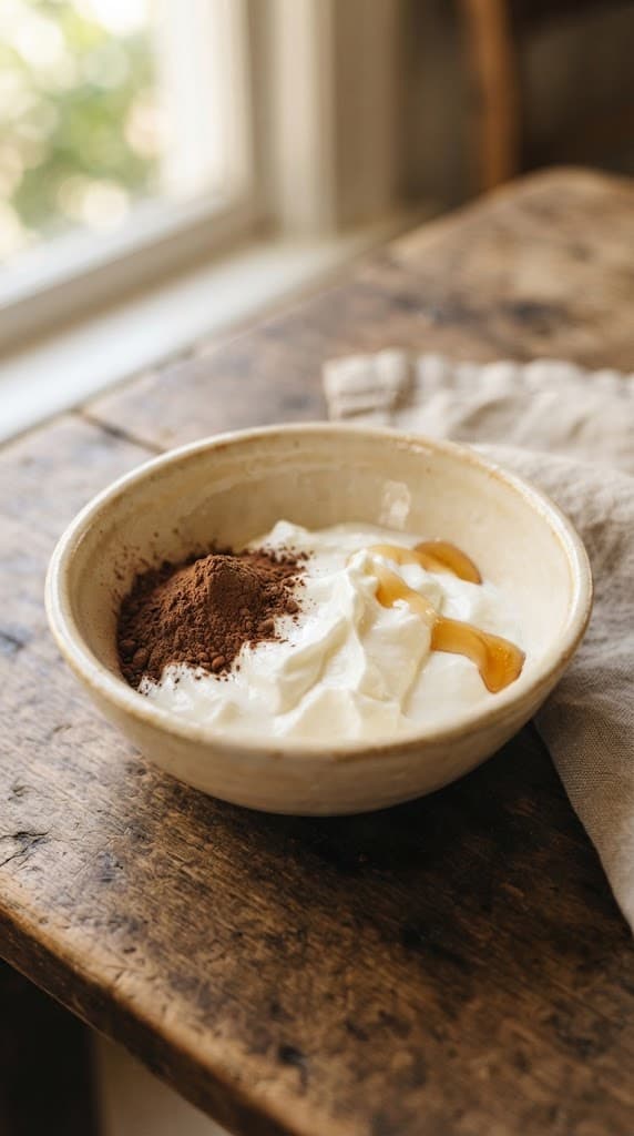 Greek yogurt, unsweetened cocoa powder, and honey added to a small cream ceramic bowl for one 3-ingredient chocolate dessert