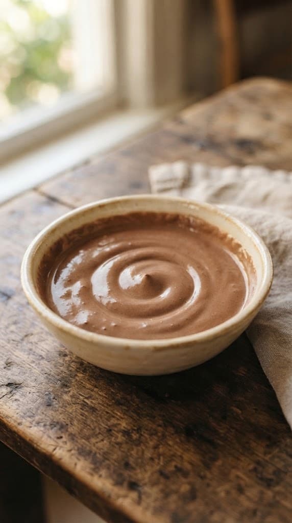 Smooth creamy chocolate yogurt dessert after Greek yogurt, cocoa powder, and honey have been fully mixed together in a small bowl