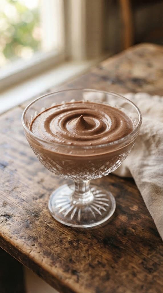 One thick creamy chocolate Greek yogurt dessert served in a small ceramic dessert bowl with a smooth swirled top